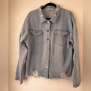 Distressed Light Blue Denim Button-Down Shirt Jacket